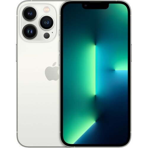 Srebrny smartfon z trzema obiektywami aparatu i logo w kształcie nadgryzionego jabłka. Ekran wyświetla abstrakcyjny wzór w odcieniach zieleni i niebieskiego.