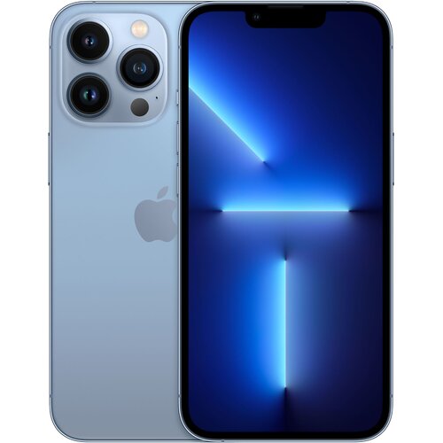 Na zdjęciu widoczny jest smartfon w kolorze błękitnym z trzema obiektywami aparatu i logo w kształcie nadgryzionego jabłka. Ekran urządzenia wyświetla abstrakcyjny wzór z niebieskimi liniami na ciemnym tle.