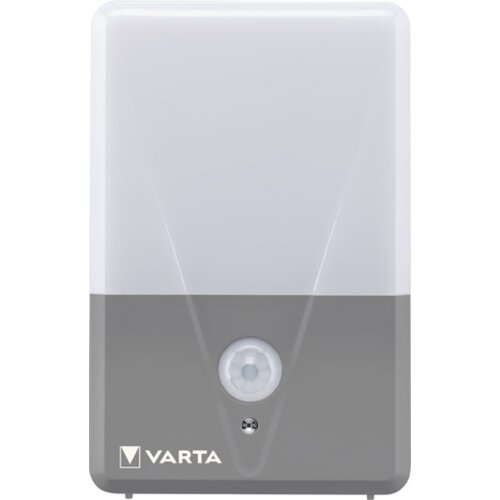 Prostokątna latarka z białą górną częścią i szarą dolną, na której znajduje się czujnik ruchu oraz logo "VARTA".