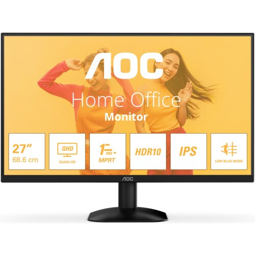 Monitor AOC z widocznym logo i napisem "Home Office Monitor" na ekranie, z żółtym tłem i grafiką dwóch osób w tle. Na dole ekranu znajdują się ikony i teksty: "27'' 68.6 cm", "QHD QUAD HD", "1 ms MPRT", "HDR10", "IPS", "LOW BLUE MODE".