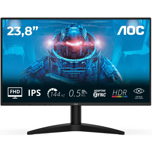 Monitor AOC 23,8" z wyświetlaczem pokazującym futurystyczną grafikę, na której widnieje postać w zbroi. Na ekranie znajdują się napisy: "23,8”", "FHD", "IPS", "144 Hz", "0.5 ms", "Adaptive Sync", "HDR", oraz logo AOC.