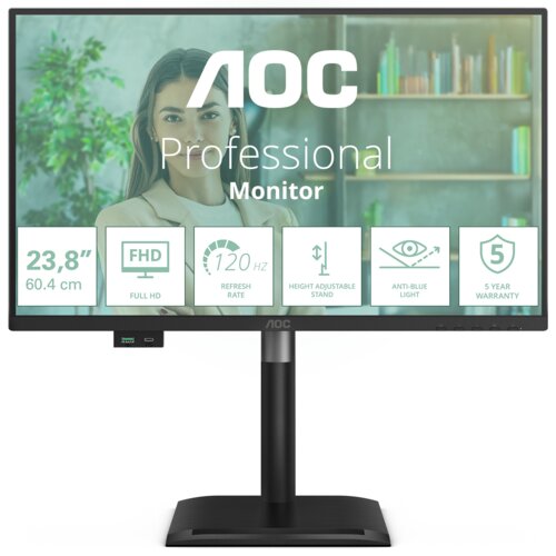 Monitor AOC z ekranem o przekątnej 23,8 cala i rozdzielczości 1920x1080 pikseli, posiadający matrycę IPS, częstotliwość odświeżania 120 Hz oraz czas reakcji 4 ms [GTG]. Na ekranie widoczne są informacje: "AOC Professional Monitor", "23,8” 60.4 cm", "FHD Full HD", "120 Hz Refresh Rate", "Height Adjustable Stand", "Anti-Blue Light", "5 Year Warranty".