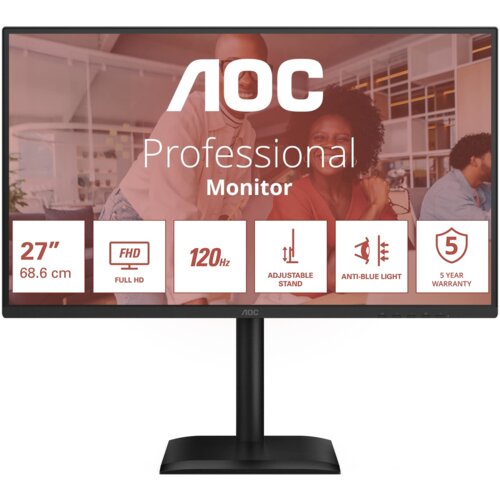 Monitor marki AOC z napisem "Professional Monitor" na ekranie, przedstawia specyfikacje: 27" (68.6 cm), Full HD, 120 Hz, regulowana podstawka, filtr światła niebieskiego, 5-letnia gwarancja. W tle widoczne są rozmyte postacie w biurowym otoczeniu.