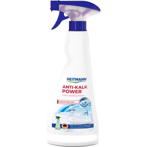 Biała butelka z niebieskim spryskiwaczem zawiera etykietę z napisem "HEITMANN ANTI-KALK POWER Anti-Limescale Power". Na etykiecie widoczne są również grafiki przedstawiające wodę i krany oraz teksty w języku niemieckim, takie jak "Kraftvoll gegen Kalk, Sc