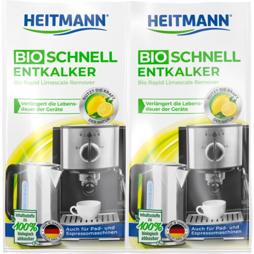 Opakowanie produktu "HEITMANN Bio Schnell Entkalker" z napisem "Bio Rapid Limescale Remover" oraz grafiką ekspresu do kawy, czajnika i filiżanki. Na opakowaniu widnieją również napisy: "Verlängert die Lebensdauer der Geräte", "Nutzt die Kraft der Natur", 