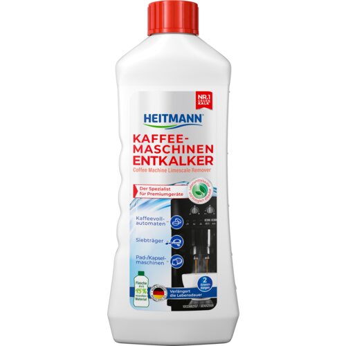 Biała butelka z czerwonym korkiem zawiera odkamieniacz do ekspresu HEITMANN 250 ml. Na etykiecie widnieje napis "KAFFEE-MASCHINEN ENTKALKER" oraz informacje o zastosowaniu do różnych typów ekspresów, a także logo producenta HEITMANN.