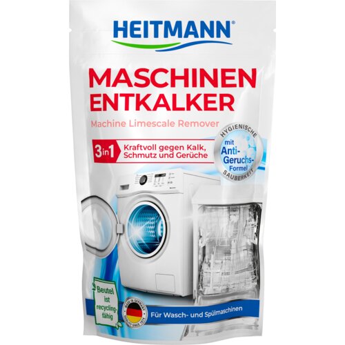 Opakowanie odkamieniacza do pralek i zmywarek HEITMANN 3w1 175 g z widocznym logo producenta na górze. Na opakowaniu znajdują się napisy: "MASCHINEN ENTKALKER", "Machine Limescale Remover", "3in1 Kraftvoll gegen Kalk, Schmutz und Gerüche", "mit Anti-Geruc