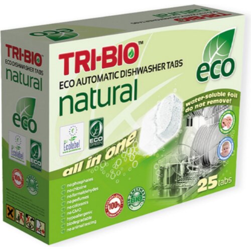 Opakowanie tabletek do zmywarek TRI-BIO All-in-One 25 szt. w kolorze zielonym z białymi i czerwonymi napisami, zawiera informacje o ekologicznych certyfikatach, takich jak EU Ecolabel i Eco Green, oraz hasła: "natural", "eco", "all in one". Na opakowaniu 