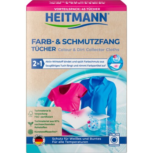 Opakowanie produktu "Chusteczki do prania HEITMANN Wyłapujące kolor i brud (45 sztuk)" z napisem "FARB- & SCHMUTZFANG TÜCHER Colour & Dirt Collector Cloths" oraz informacjami o właściwościach 2 w 1 i certyfikatach ekologicznych. Widoczne są również ilustr