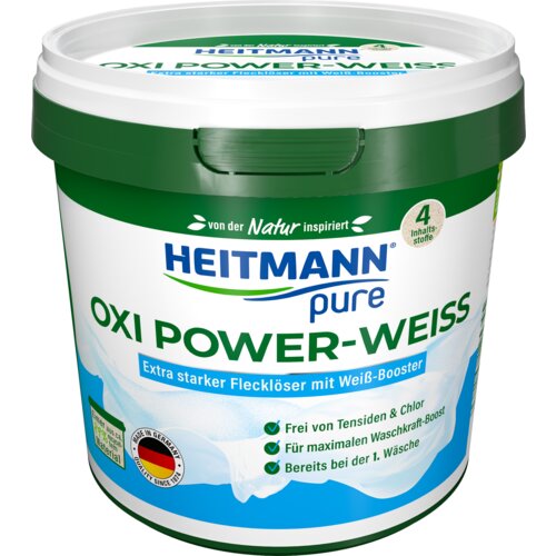 Biały pojemnik z zieloną pokrywką zawiera napis "HEITMANN pure OXI POWER-WEISS" oraz dodatkowe informacje w języku niemieckim, takie jak "Extra starker Flecklöser mit Weiß-Booster" i "Frei von Tensiden & Chlor". Na etykiecie widnieje również okrągłe logo 