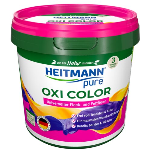 Na zdjęciu znajduje się opakowanie odplamiacza do prania HEITMANN Pure Oxi Color 500 g z różową pokrywką i zielonym uchwytem. Na etykiecie widnieje tekst: "von der Natur inspiriert", "HEITMANN pure OXI COLOR", "Universeller Fleck- und Fettlöser", oraz inf