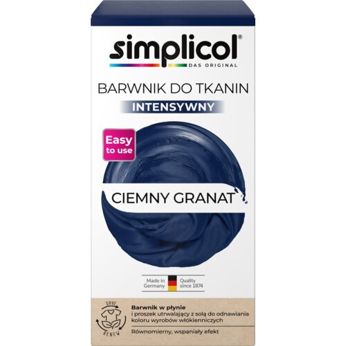 Opakowanie produktu z napisem "simplicol DAS ORIGINAL" oraz "BARWNIK DO TKANIN INTENSYWNY CIEMNY GRANAT". Dodatkowe informacje to "Easy to use", "Made in Germany", "Quality since 1874", oraz opis: "Barwnik w płynie i proszek utrwalający z solą do odnawiania koloru wyrobów włókienniczych. Równomierny, wspaniały efekt".