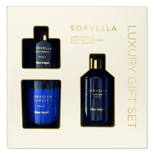 Zestaw zapachowy SORVELLA PERFUME Luxury Blue Angel składa się z trzech elementów: Home Fragrance, Candle i Home Spray, umieszczonych w eleganckim opakowaniu z napisem "SORVELLA LUXURY GIFT SET". Na każdym z produktów widnieje napis "SORVELLA Premium Blue