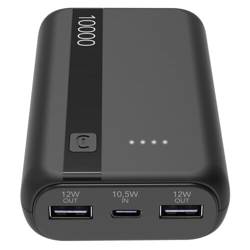 Czarny powerbank z napisem "10000" na górnej powierzchni, posiadający dwa porty USB oznaczone jako "12W OUT" oraz jeden port USB-C oznaczony jako "10,5W IN". Obok portów znajdują się cztery diody LED wskazujące poziom naładowania.