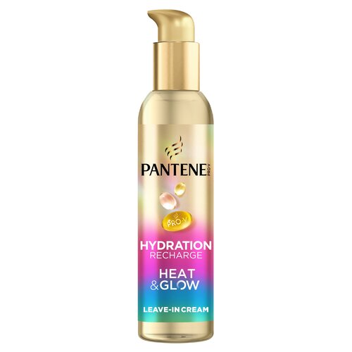 Złota butelka z pompką zawiera produkt marki Pantene Pro-V, z napisem "HYDRATION RECHARGE HEAT & GLOW" oraz "LEAVE-IN CREAM" na kolorowym tle. Na etykiecie widoczne są również symbole kapsułek z napisem "Pro-V".