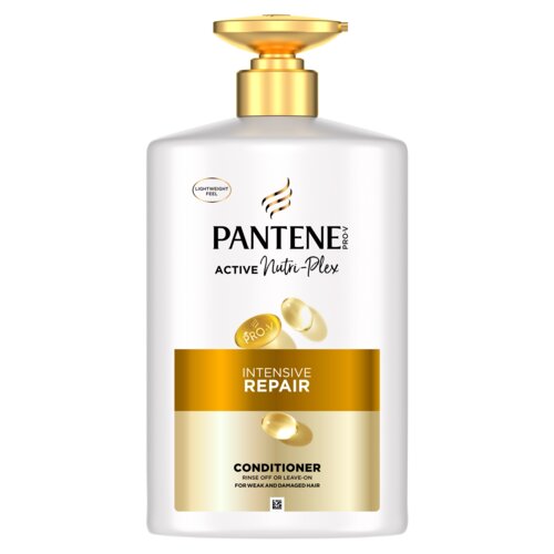 Butelka odżywki do włosów z pompką, z napisem "PANTENE Pro-V ACTIVE Nutri-Plex" oraz "INTENSIVE REPAIR CONDITIONER RINSE OFF OR LEAVE-ON FOR WEAK AND DAMAGED HAIR". Na etykiecie widoczne są również kapsułki z napisem "Pro-V" oraz oznaczenie "LIGHTWEIGHT F