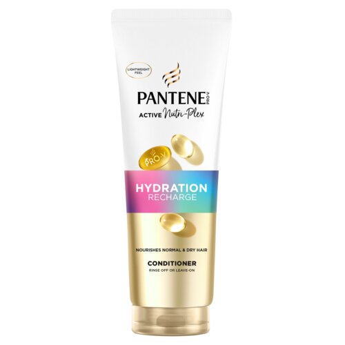 Biała tuba z odżywką do włosów o pojemności 275 ml, z napisem "PANTENE Pro-V ACTIVE Nutri-Plex" oraz "HYDRATION RECHARGE" na kolorowym tle. Na opakowaniu widnieje również informacja "NOURISHES NORMAL & DRY HAIR" oraz "CONDITIONER RINSE OFF OR LEAVE-ON".