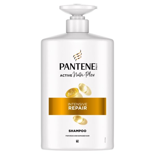 Biała butelka szamponu z pompką, na której widnieje napis: "PANTENE Pro-V ACTIVE Nutri-Plex INTENSIVE REPAIR SHAMPOO FOR WEAK AND DAMAGED HAIR". Na etykiecie znajdują się również graficzne przedstawienia kapsułek.
