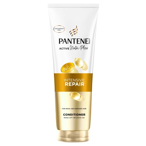 Biała tuba z odżywką do włosów, na której widnieje napis: "PANTENE PRO-V ACTIVE Nutri-Plex INTENSIVE REPAIR FOR WEAK AND DAMAGED HAIR CONDITIONER RINSE OFF OR LEAVE-ON". Na opakowaniu znajduje się również grafika przedstawiająca złote kapsułki oraz napis 