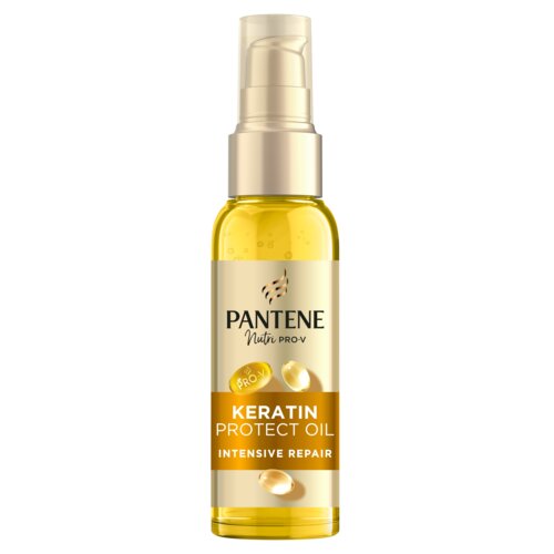 Butelka z pompką zawierająca olejek do włosów z etykietą "PANTENE Nutri Pro-V KERATIN PROTECT OIL INTENSIVE REPAIR". Produkt ma złoty kolor i przezroczystą nakrętkę.