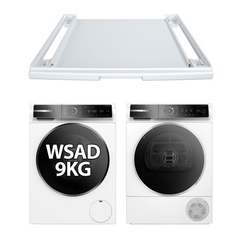 Pralka BOSCH WGB2440SPL 9kg 1400 obr EcoSilence Drive sterowanie przez aplikacje HomeConnect + Suszarka BOSCH WQB245ASPL sterowanie przez aplikacje HomeConnect + Łącznik BOSCH WTZ27400