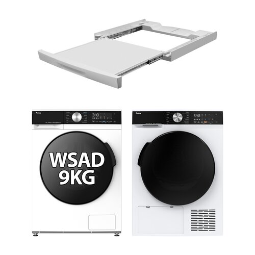 Pralka AMICA TWAC914ALiSP kl.A 9kg 1400 obr A StainPro programy parowe + Suszarka AMICA ADC93LiVDT z pompą ciepła 9kg UV Hygiene Technology + Łącznik AMICA DSK150