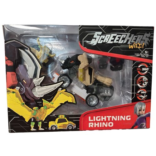 Opakowanie zestawu figurek "Screechers Wild" z widocznymi figurkami nosorożca i dinozaura, z dużym napisem "LIGHTNING RHINO" na czerwonym tle. Na opakowaniu znajdują się także ilustracje postaci oraz logo "Screechers Wild".