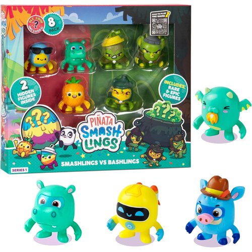 Opakowanie zestawu figurek "Piñata Smashlings" zawiera osiem kolorowych figurek, z czego dwie są ukryte, a na opakowaniu widnieje napis "Includes rare & epic figures". Na opakowaniu znajdują się również ilustracje postaci oraz logo "Piñata Smashlings".