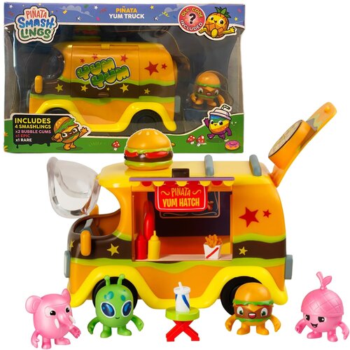 Zestaw figurek przedstawia kolorowy food truck z napisem "Yum Yum" oraz cztery małe figurki o różnych kształtach i kolorach. Na opakowaniu widnieje napis "Pinata SmashLings" oraz "Pinata Yum Truck", a także informacja o zawartości: "Includes 4 Smashlings,