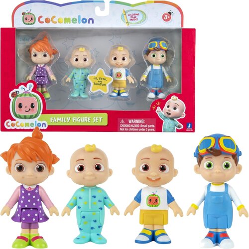 Zestaw figurek Cocomelon Rodzina i przyjaciele CMW0169 zawiera cztery kolorowe postacie w opakowaniu z przezroczystym frontem, na którym widnieje logo Cocomelon oraz napis "Family Figure Set". Na opakowaniu znajduje się ostrzeżenie: "WARNING: CHOKING HAZA
