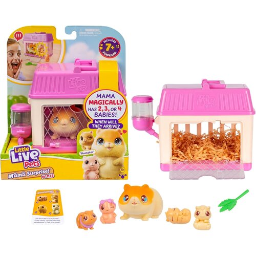 Zestaw figurek ZURU Little Live Pets Mama Surprise Minis zawiera różowe pudełko z napisem "Little Live Pets" oraz figurki chomików, w tym dużą figurkę mamy i kilka mniejszych. Na opakowaniu widnieje tekst: "Mama magically has 2, 3, or 4 babies! When will 