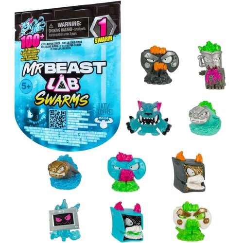 Opakowanie produktu "MrBeast Lab Swarms" z widocznym napisem "100+ to collect" oraz ostrzeżeniem "WARNING: CHOKING HAZARD - Small parts. Not for children under 3 years". Obok opakowania znajduje się dziewięć kolorowych figurek o różnych kształtach i wyraz