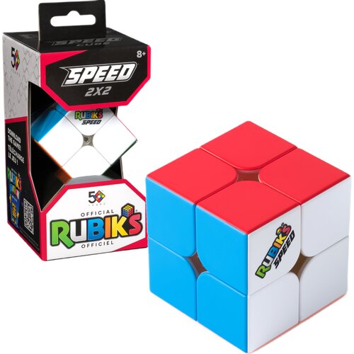 Opakowanie i zabawka kostka Rubika 2x2 z kolorowymi ściankami, na opakowaniu widnieje napis "SPEED 2x2" oraz "50 Years Official Rubik's Officiel". Na kostce znajduje się logo "Rubik's Speed".