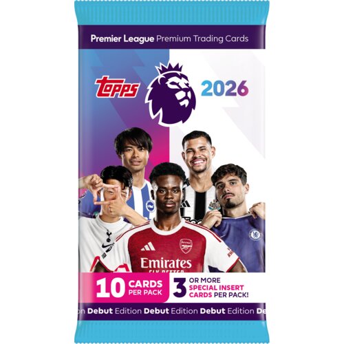 Opakowanie kart kolekcjonerskich z napisem "Premier League Premium Trading Cards" oraz logo Premier League i Topps, z widocznymi postaciami piłkarzy. Na dole opakowania znajduje się informacja: "10 CARDS PER PACK, 3 OR MORE SPECIAL INSERT CARDS PER PACK!"