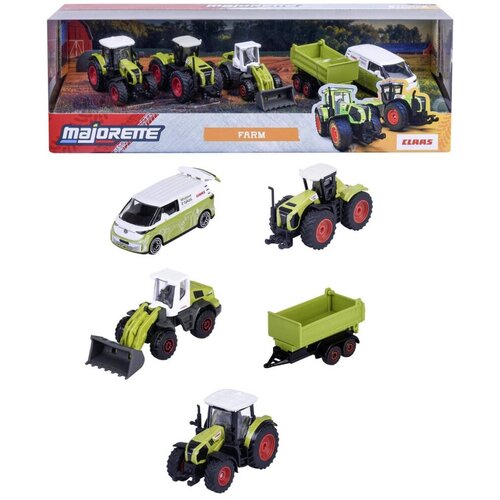 Zestaw pięciu miniaturowych pojazdów rolniczych w opakowaniu z napisem "MAJORETTE FARM" oraz "CLAAS", w tym traktory, ładowarka i przyczepa, a także biały van z zielonymi elementami i napisem "CLAAS". Pojazdy są w kolorach zielonym, białym i czerwonym, a 