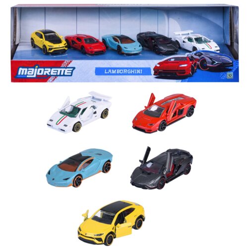Zestaw pięciu modeli samochodów Lamborghini w różnych kolorach, zapakowany w pudełko z przezroczystym frontem. Na pudełku widoczne są napisy: "MAJORETTE" oraz "LAMBORGHINI".