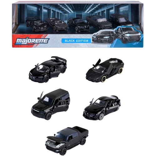 Zestaw pięciu czarnych modeli samochodów w opakowaniu z napisem "MAJORETTE BLACK EDITION". Każdy model ma otwarte drzwi, a tło opakowania przedstawia wnętrze garażu.