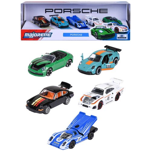 Zestaw pięciu modeli samochodów MAJORETTE Porsche w różnych kolorach, zaprezentowany w opakowaniu z napisem "PORSCHE" oraz logo "MAJORETTE". Modele są w kolorach zielonym, niebieskim, czarnym, białym i niebiesko-białym, z widocznymi numerami i detalami wy