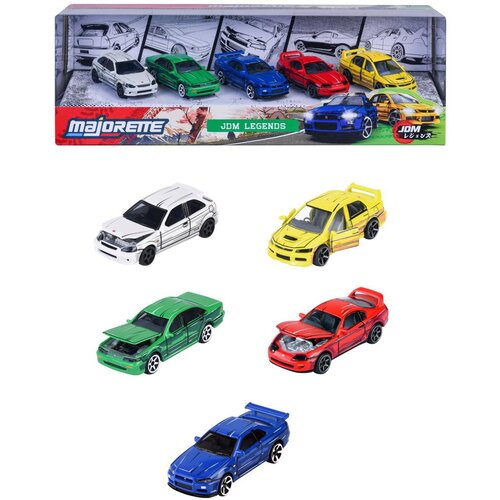 Zestaw pięciu kolorowych modeli samochodów umieszczony jest w pudełku z napisem "MAJORETTE JDM LEGENDS". Na opakowaniu widoczne są ilustracje samochodów oraz logo "JDM".