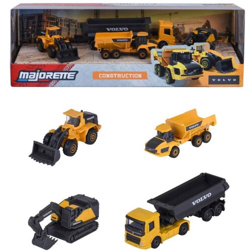 Na zdjęciu znajduje się zestaw czterech miniaturowych pojazdów budowlanych w kolorach żółtym i czarnym, umieszczonych w opakowaniu z napisem "MAJORETTE CONSTRUCTION" oraz logo "VOLVO". Pojazdy to różne modele maszyn budowlanych, a na każdym z nich widniej