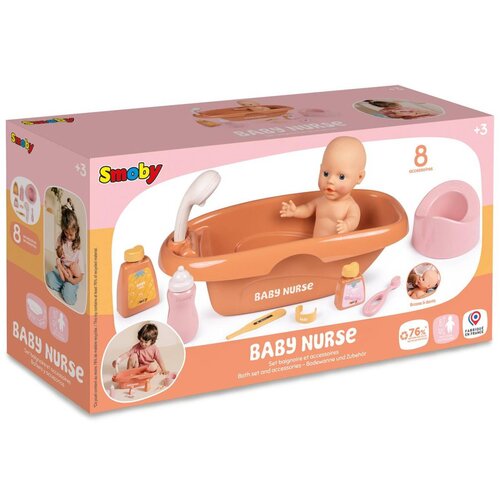 Pudełko z zabawką "Baby Nurse" marki Smoby, zawierające wanienkę z lalką i akcesoriami, takimi jak butelka, szczotka i termometr. Na opakowaniu widnieje napis "8 accessories" oraz logo Smoby.