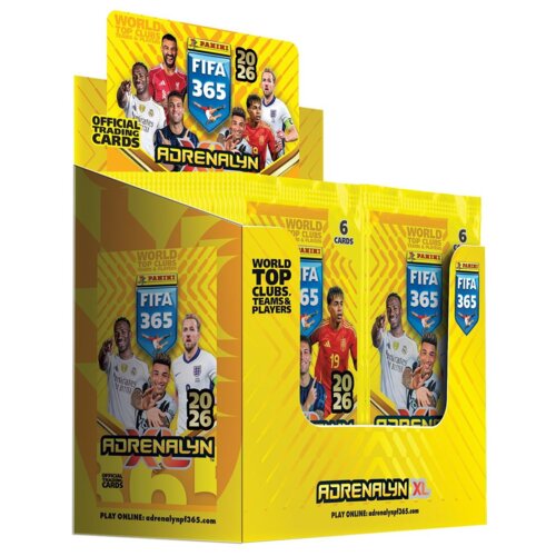 Żółte opakowanie kart kolekcjonerskich z serii "PANINI FIFA 365 Adrenalyn XL 2026" z widocznymi napisami: "WORLD TOP CLUBS, TEAMS & PLAYERS", "OFFICIAL TRADING CARDS", "6 CARDS", "PLAY ONLINE: adrenalyn365.com". Na opakowaniu znajdują się również wizerunki piłkarzy oraz logo "FIFA 365".