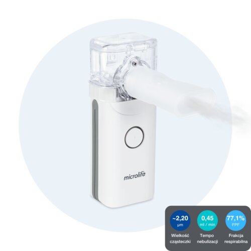 Biały inhalator siateczkowy z przezroczystym zbiornikiem na górze i przyciskiem z przodu, z widocznym logo "microlife". W prawym dolnym rogu znajdują się informacje: "~2,20 μm Wielkość cząsteczki", "0,45 ml/min Tempo nebulizacji", "77,1% FPF Frakcja respirabilna".