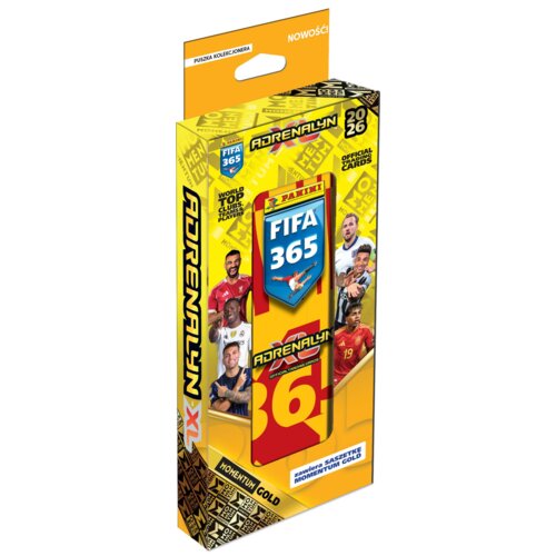 Pudełko kolekcjonerskie z kartami PANINI FIFA 365 Adrenalyn XL 2026, ozdobione grafiką piłkarzy i logo FIFA 365, z napisem "PUSZKA KOLEKCJONERA" oraz "zawiera SASZETKĘ MOMENTUM GOLD". Na opakowaniu widnieją również napisy "WORLD TOP CLUBS & PLAYERS" oraz "OFFICIAL TRADING CARDS".