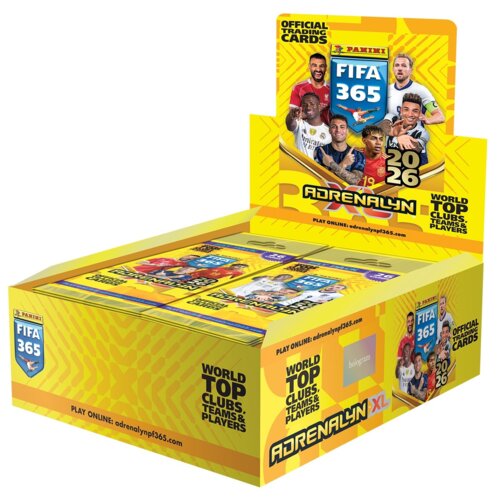 Żółte opakowanie kart kolekcjonerskich z serii "PANINI FIFA 365 Adrenalyn XL 2026" z widocznymi napisami: "OFFICIAL TRADING CARDS", "WORLD TOP CLUBS, TEAMS & PLAYERS", "PLAY ONLINE: adrenalynpf365.com" oraz logo "FIFA 365". Na opakowaniu znajdują się również grafiki przedstawiające piłkarzy.