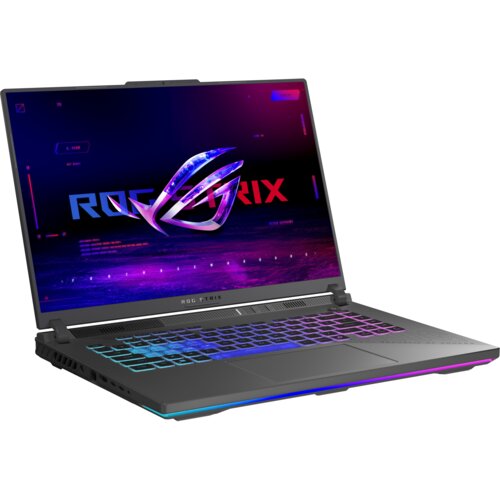 Laptop z otwartym ekranem, na którym widoczna jest grafika z napisem "ROG STRIX" oraz logo producenta. Klawiatura laptopa jest podświetlona w różnych kolorach.