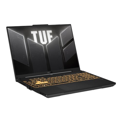 Czarny laptop z podświetlaną na żółto klawiaturą, na ekranie widoczny jest napis "TUF". Na obudowie pod ekranem znajduje się logo "ASUS".