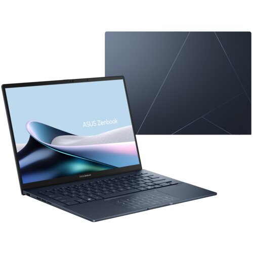 Na zdjęciu widoczny jest laptop z otwartym ekranem, na którym wyświetla się napis "ASUS Zenbook" na tle abstrakcyjnej grafiki. Obok laptopa znajduje się widok jego pokrywy z geometrycznym wzorem.