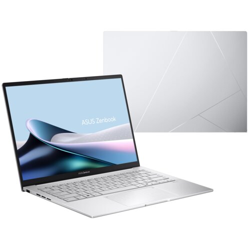 Na zdjęciu widoczny jest otwarty laptop z ekranem wyświetlającym grafikę z napisem "ASUS Zenbook" oraz zamknięta pokrywa laptopa z geometrycznym wzorem. Laptop ma srebrną klawiaturę i smukłą konstrukcję.