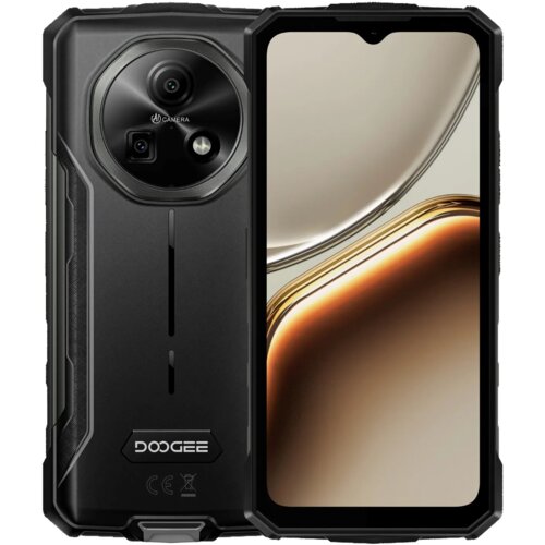 Smartfon DOOGEE Fire 7 5G 4/256GB 6.6" 90Hz Szary jest przedstawiony z przodu i z tyłu, z widocznym logo "DOOGEE" na tylnej obudowie. Na ekranie wyświetlany jest abstrakcyjny wzór w odcieniach beżu i brązu.
